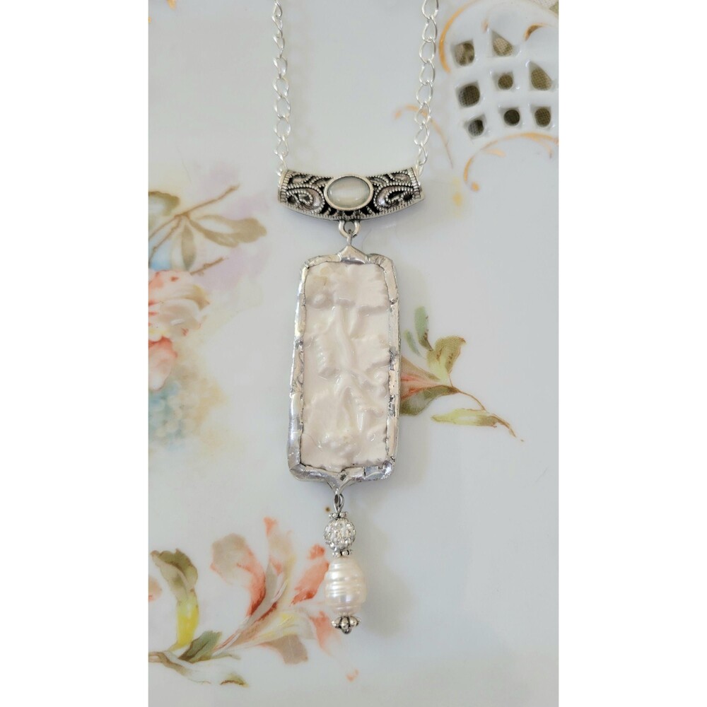 Wedgwood of Etruria Broken China Necklace, Hand-Soldered Pendant w Baroque Pearl